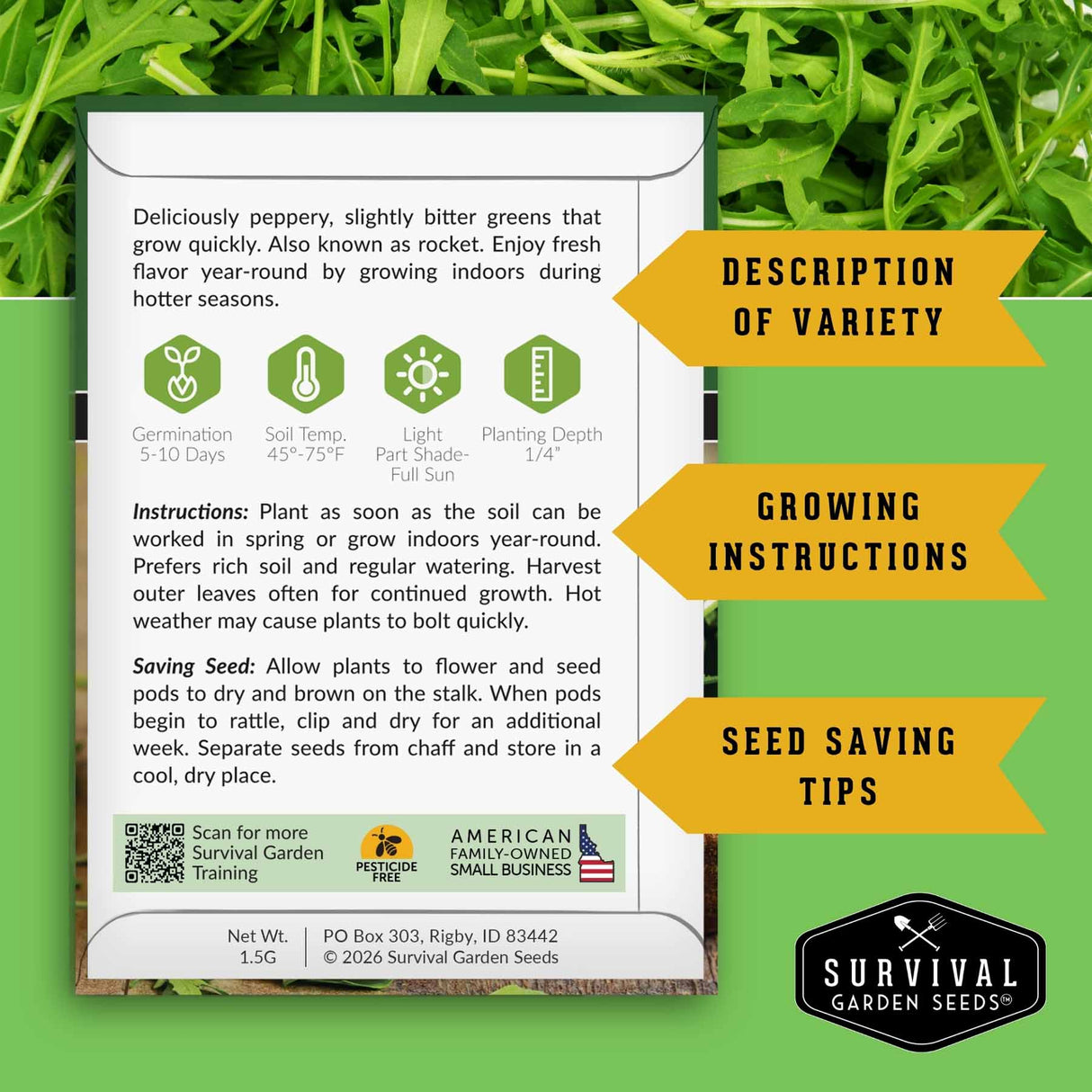Survival Garden Seeds packaging with rocket seed information on a green leafy background
