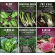 Collection of Survival Garden Seeds packaging for various vegetables with images and names.