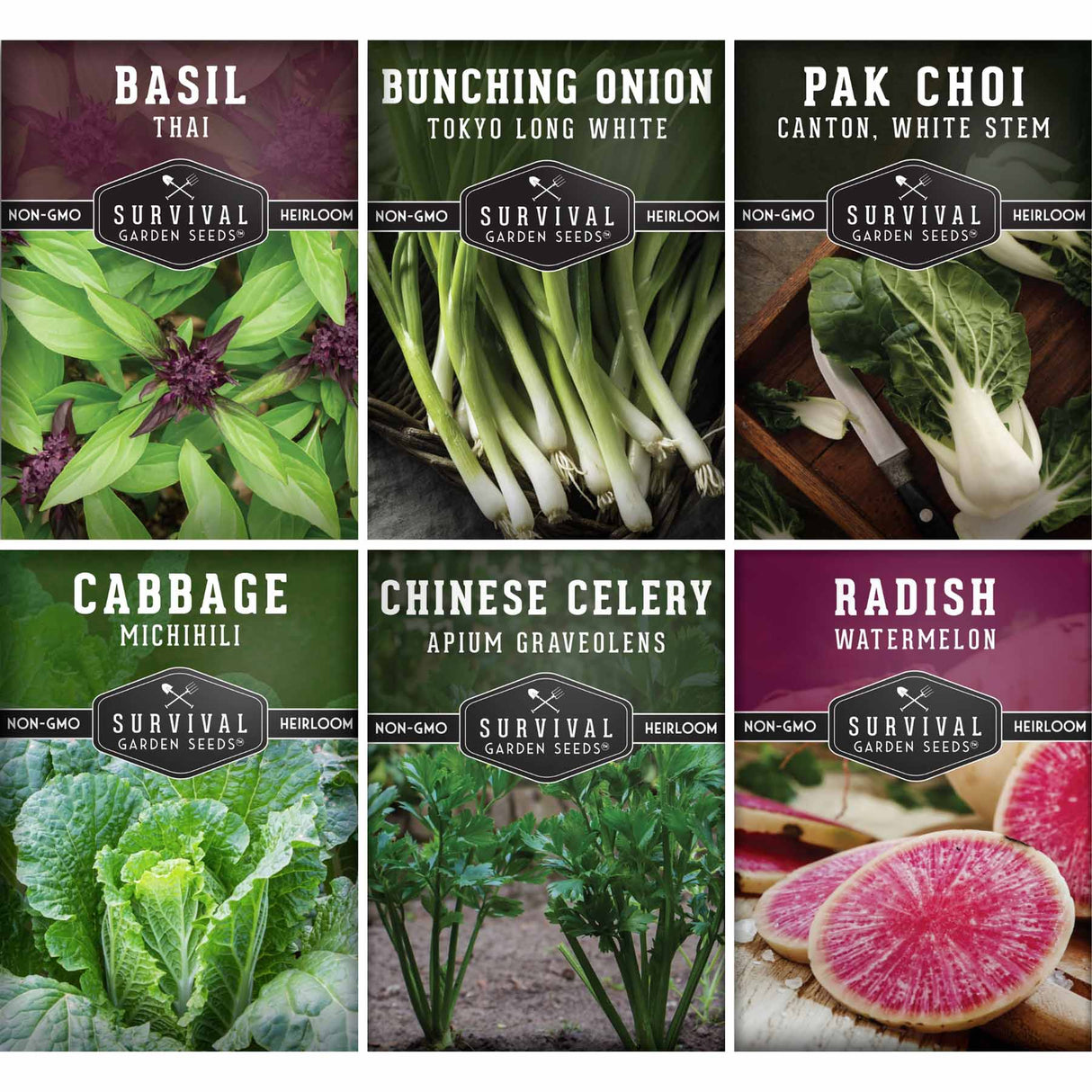 Collection of Survival Garden Seeds packaging for various vegetables with images and names.