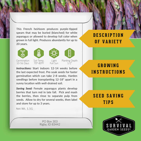 Argenteuil Asparagus seed packet with growing instructions and seed saving information.
