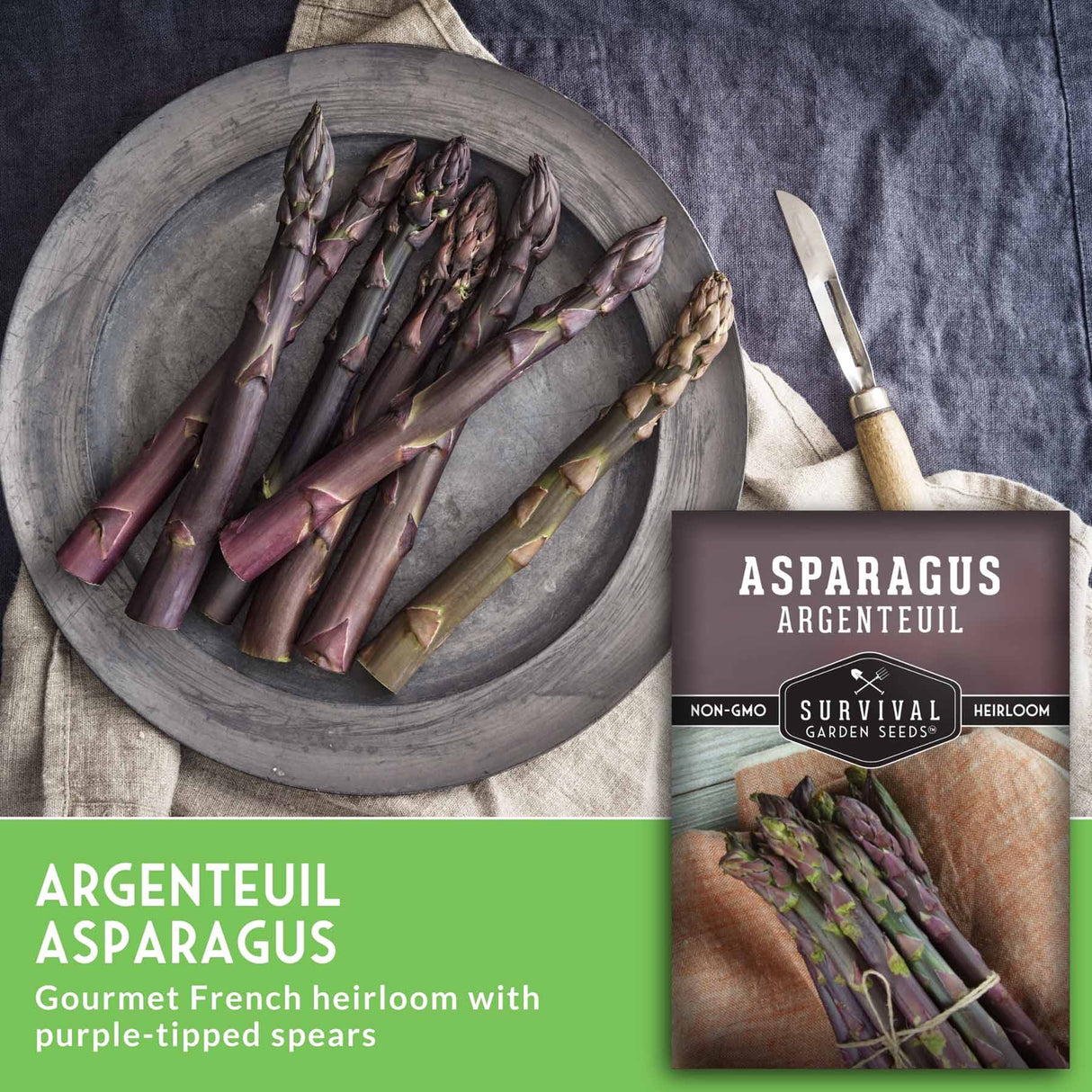 Purple asparagus on a plate with seed packet