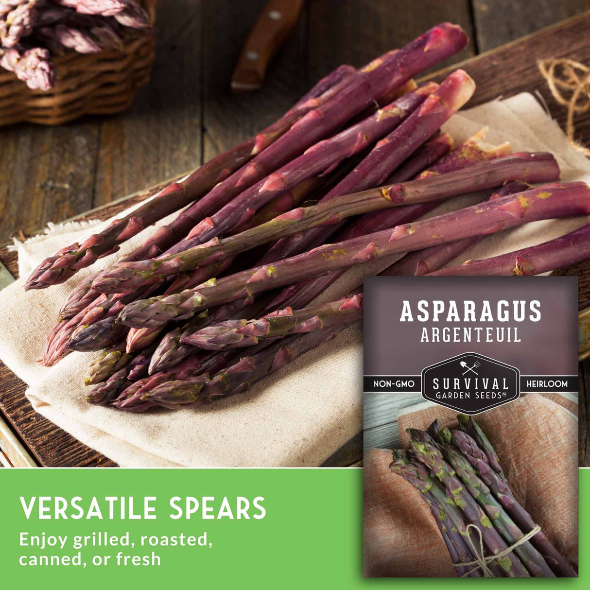 Argenteuil asparagus on a napkin with text that says versatile spears