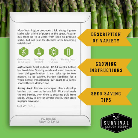 A printed asparagus seed saving and growing information card from Survival Garden Seeds, shown over a photo of green asparagus stalks. The card includes variety description, growing instructions, saving seed tips, and icons for germination, soil temperature, light, and planting depth.