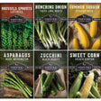 Collection of Survival Garden Seeds packages for various vegetables including Brussels sprouts, onions, squash, asparagus, zucchini, and sweet corn.