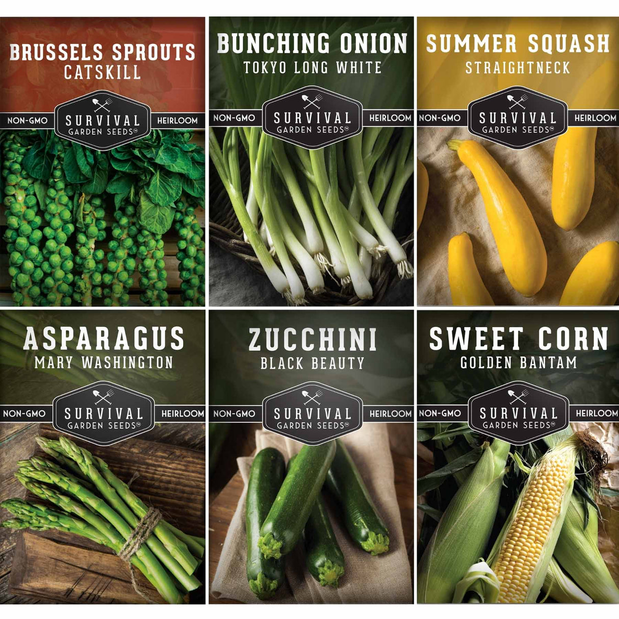 Collection of Survival Garden Seeds packages for various vegetables including Brussels sprouts, onions, squash, asparagus, zucchini, and sweet corn.