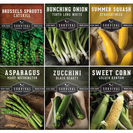 Collection of Survival Garden Seeds packages for various vegetables including Brussels sprouts, onions, squash, asparagus, zucchini, and sweet corn.