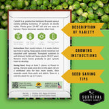 Survival Garden Seeds Brussels sprout seed packet with text and graphics on a green background
