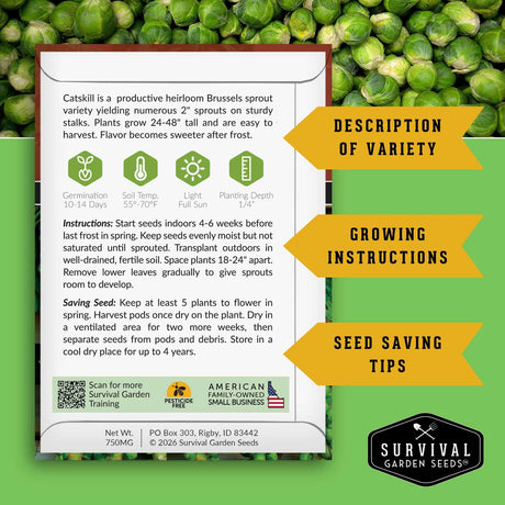 Survival Garden Seeds Brussels sprout seed packet with text and graphics on a green background