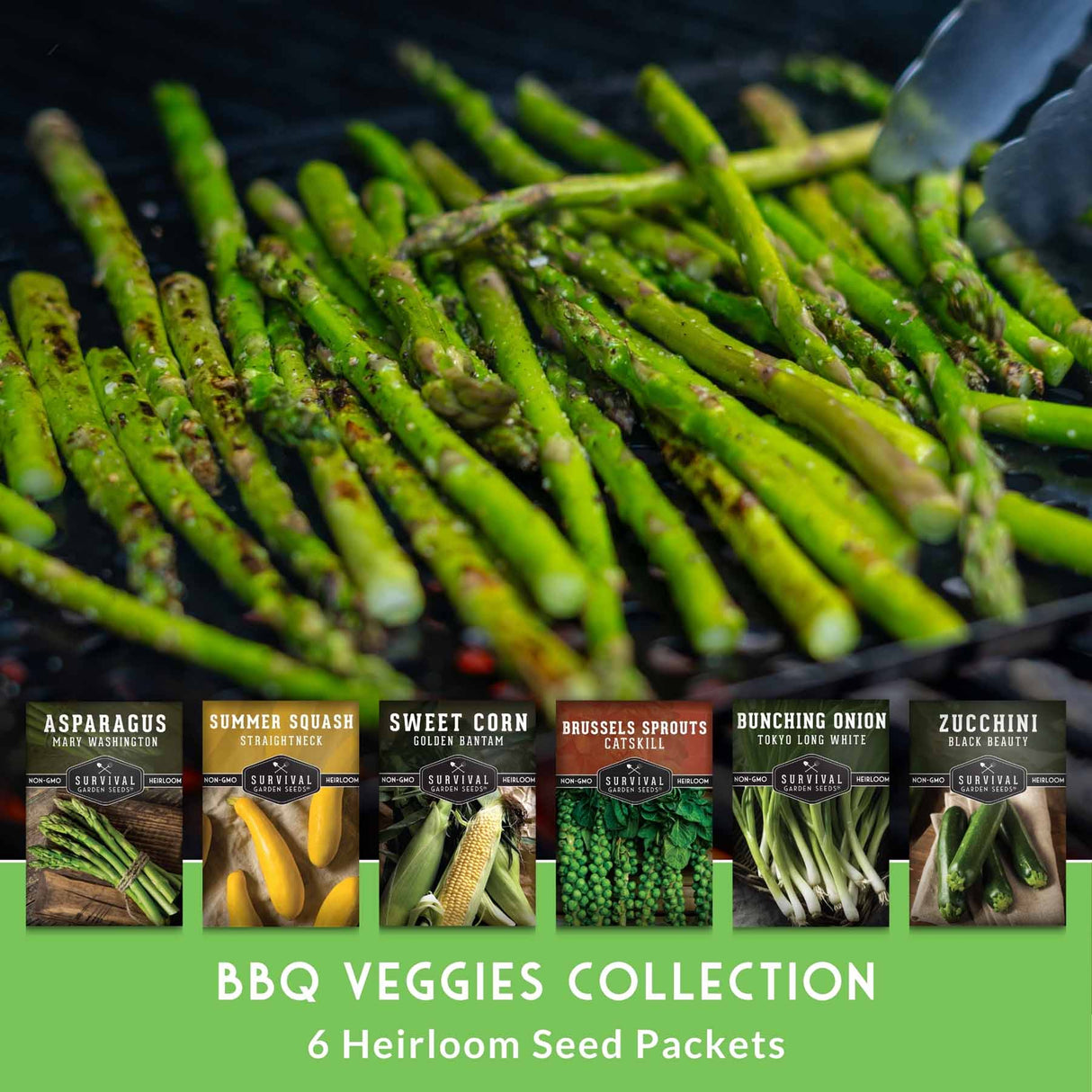 Grilled asparagus on a grill withSurvival Seed Company BBQ Veggies Collection seed packets displayed below.