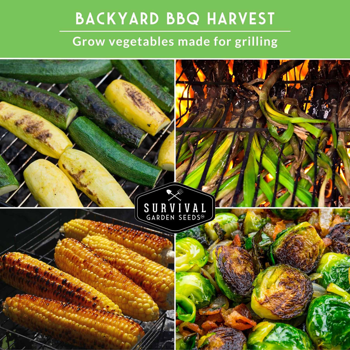Collage of grilled vegetables with 'Survival Garden Seeds' branding on a green background.