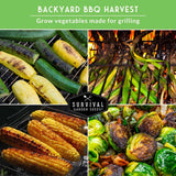 Collage of grilled vegetables with 'Survival Garden Seeds' branding on a green background.