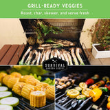 Collage of grill-ready vegetables being prepared on a grill with 'Survival Garden Seeds' branding.