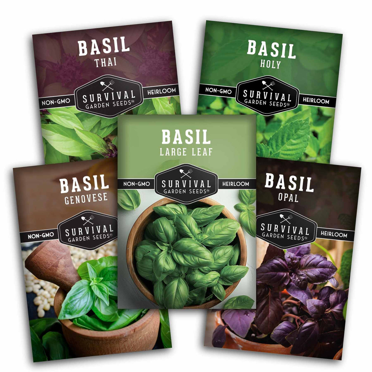 Five packages of Survival Garden Seeds basil varieties on a white background