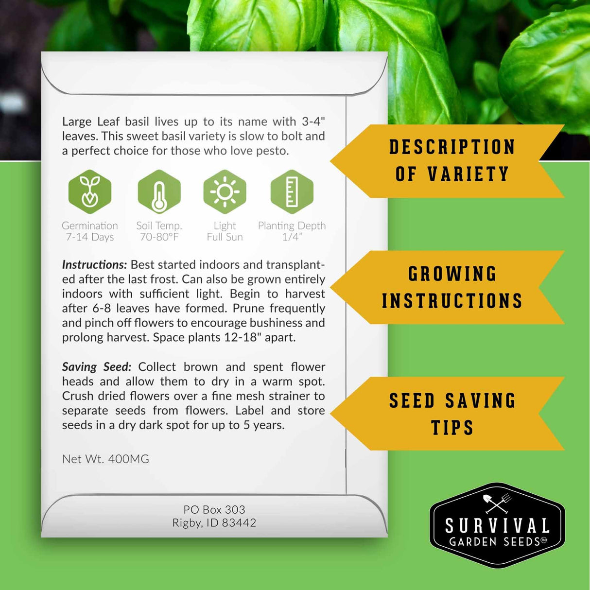 Survival Garden Seeds basil seed packet with growing instructions and seed saving tips on a green background.