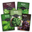 Five seed packets for basil varieties from Survival Garden Seeds are arranged in a fan-like composition on a white background. The packets feature different basil types: Basil Thai, Basil Holy, Basil Genovese, Basil Large Leaf, and Basil Opal, with vibrant green and purple leaf imagery on the packaging.