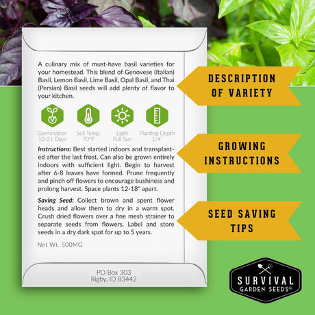 An informational poster-style graphic for basil seeds from Survival Garden Seeds, showing a white card with growing facts, icons, and instructions, surrounded by green leaves on a light background with three yellow callout banners reading Description of Variety, Growing Instructions, and Seed Saving Tips.