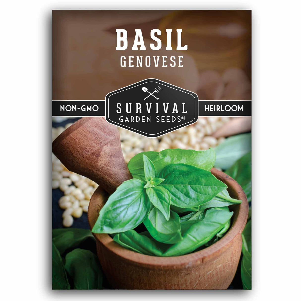Basil Genovese seed packet with 'Survival Garden Seeds' branding