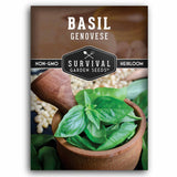 Basil Genovese seed packet with 'Survival Garden Seeds' branding
