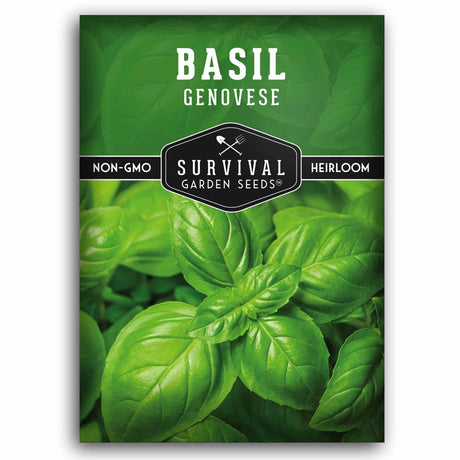 A package of Survival Garden Seeds Basil Genovese seeds, featuring a vibrant green background filled with fresh basil leaves and a black central label.