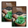Two packages of Survival Garden Seeds Basil Genovese on a white background