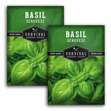 Two green seed packets for Survival Garden Seeds Basil Genovese, one labeled Non-GMO and one labeled Heirloom, overlapping on a white background.
