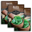 Survival Garden Seeds basil seed packets with basil leaves in pots.