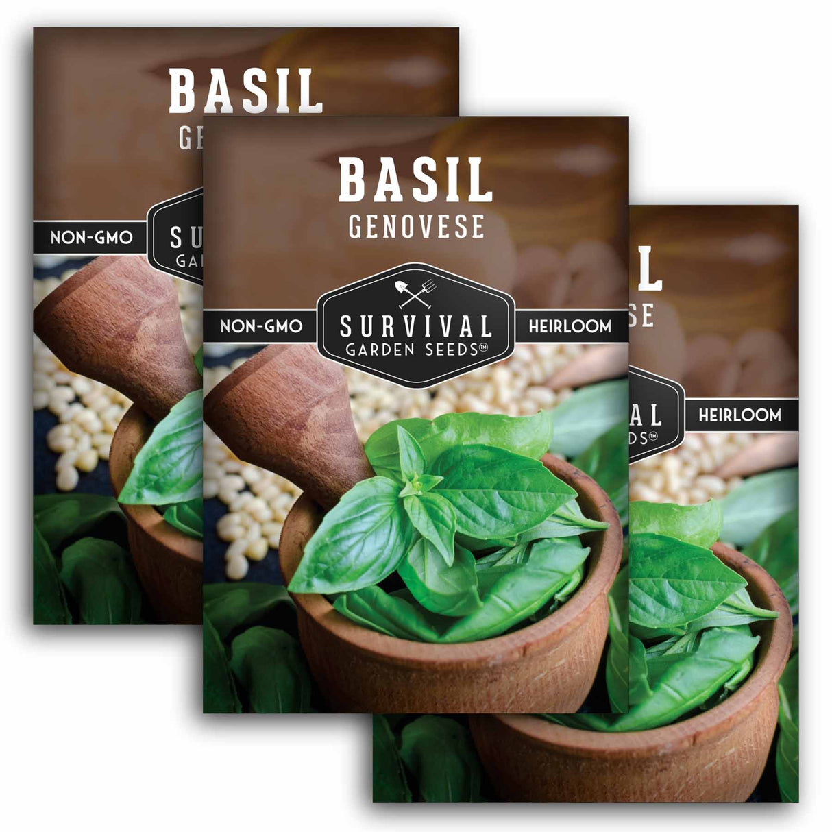 Survival Garden Seeds basil seed packets with basil leaves in pots.