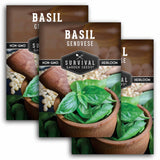 Survival Garden Seeds basil seed packets with basil leaves in pots.