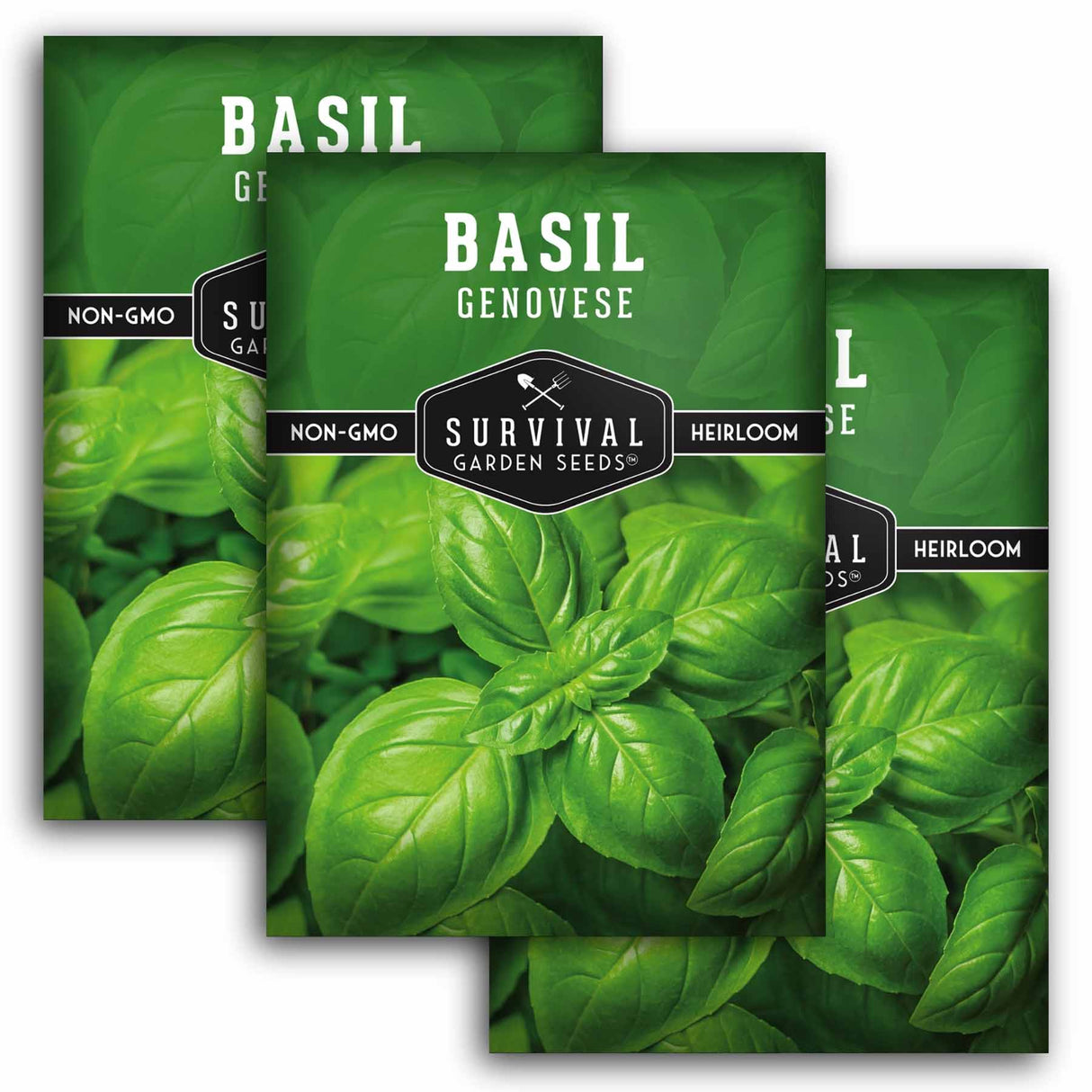 Three overlapping seed packets of Survival Garden Seeds Basil Genovese Heirloom, featuring a vibrant green basil leaf design on the front.
