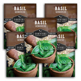 Survival Garden Seeds Basil Genovese packaging with basil plants in pots on a white background