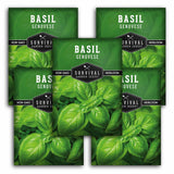 Five seed packet packages for Basil Genovese survival garden seeds arranged in a fan shape, featuring a vibrant green basil leaf pattern with black and white text.