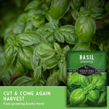 Fresh green basil leaves filling the frame, with a seed packet labeled 'Basil Genovese' and text reading 'Cut & Come Again Harvest' in the lower left.
