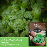 Basil plant with a seed packet labeled 'Survival Garden Seeds' on a green background