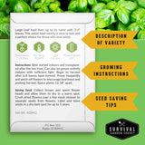 Survival Garden Seeds basil seed packet with growing instructions and seed saving tips on a green background.