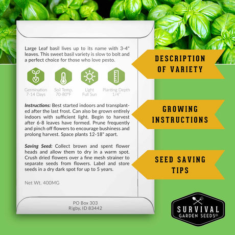 Survival Garden Seeds basil seed packet with growing instructions and seed saving tips on a green background.