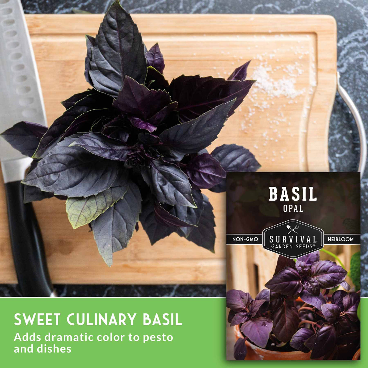 Sweet culinary basil with a seed packet labeled 'Opal' on a wooden cutting board.