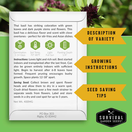 Seed packet for Thai basil with growing instructions and seed saving tips on a green background.