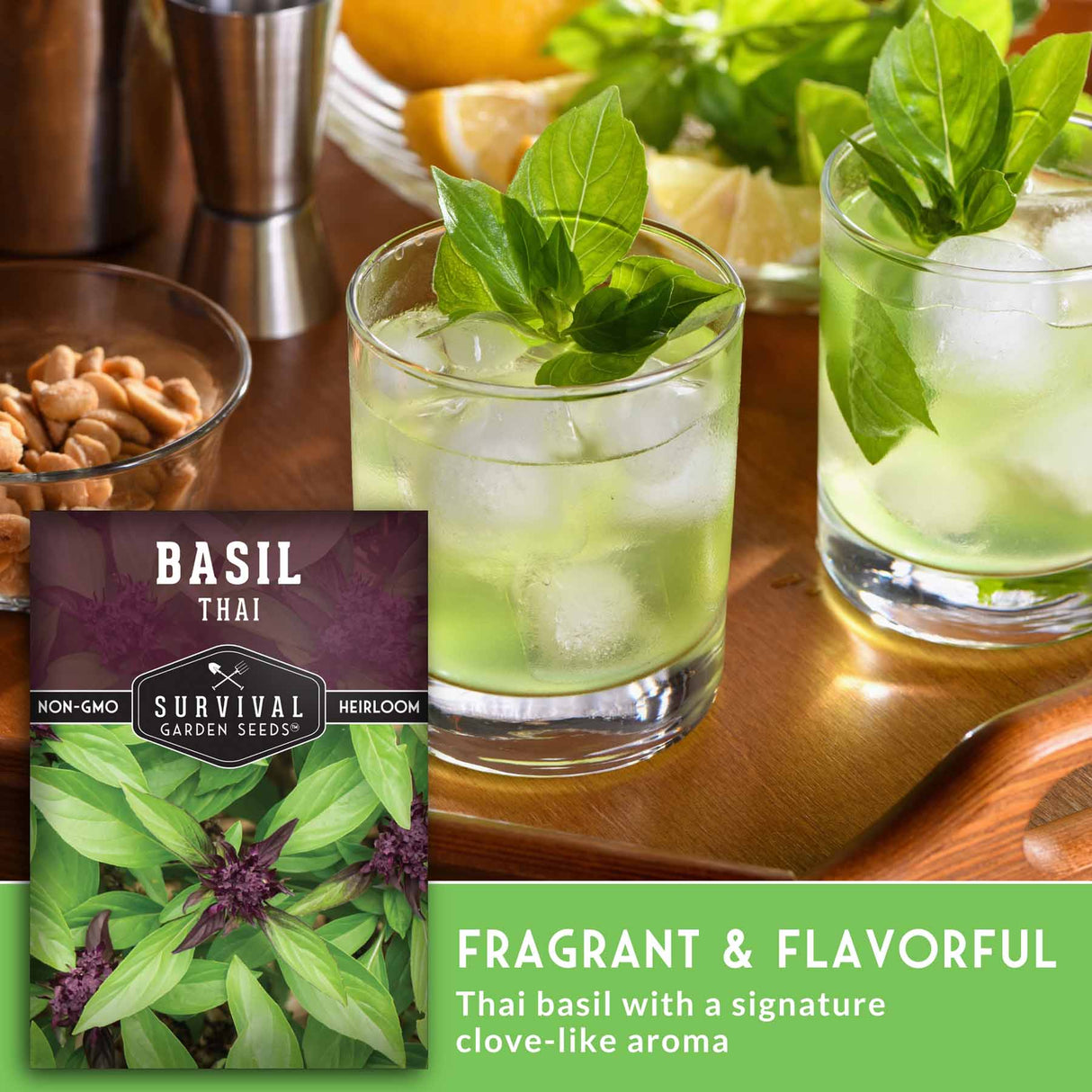 Two glasses of basil-infused drinks with a box of Survival Garden Seeds basil on a wooden surface. Fragrant and Flavorful.