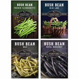 Four packages of Survival Garden Seeds bush bean varieties on a white background.