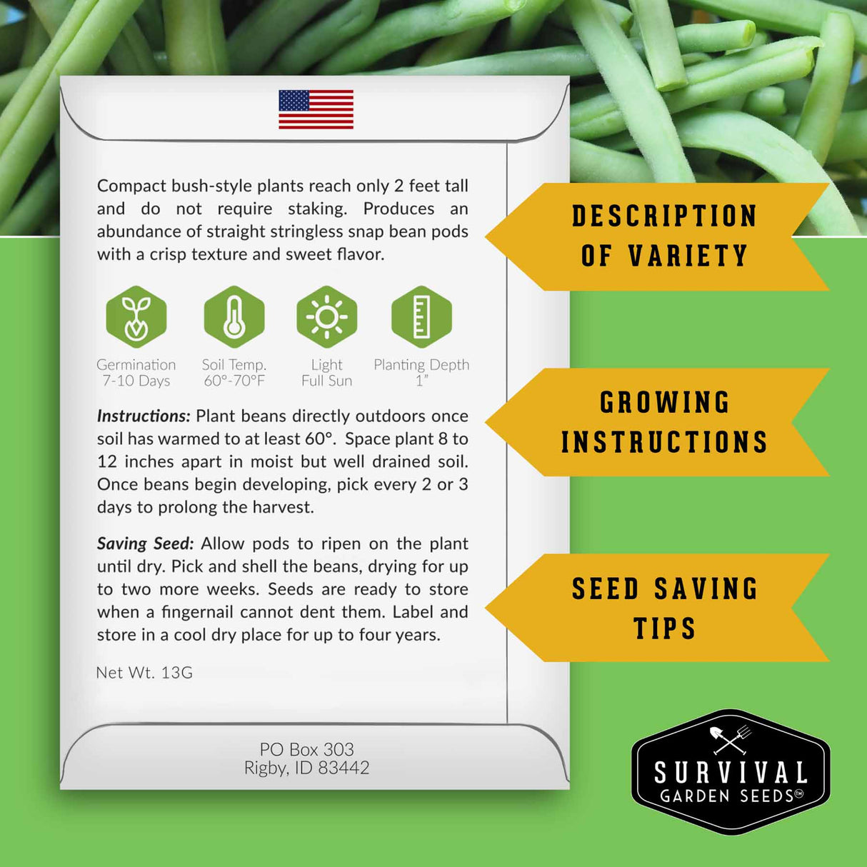 Survival Garden Seeds packaging with green beans in the background