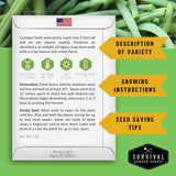 Survival Garden Seeds packaging with green beans in the background