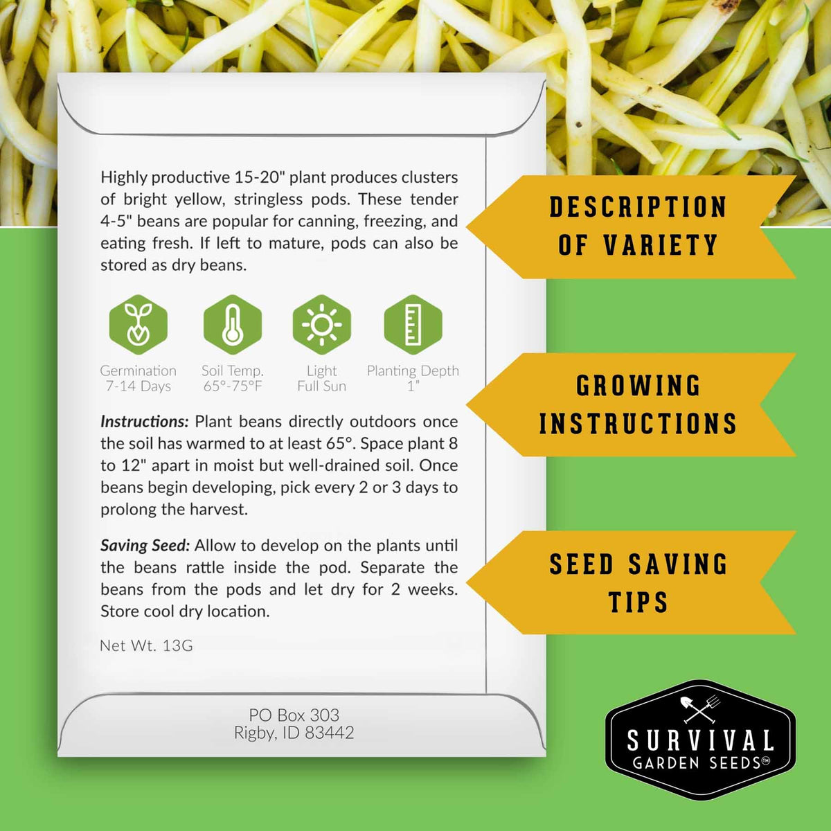 A product information card for Survival Garden Seeds showing variety details, growing instructions, and seed-saving tips on a green and white background.