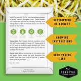 A product information card for Survival Garden Seeds showing variety details, growing instructions, and seed-saving tips on a green and white background.