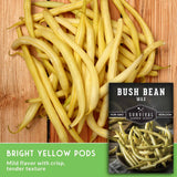 Fresh bright yellow bush bean pods piled on a wooden surface, with a product label inset reading 'BUSH BEAN WAX' and text noting 'Bright Yellow Pods' and 'Mild flavor with crisp, tender texture.'.
