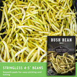 Close-up of many pale yellow stringless beans filling the frame, with a product label overlay in the lower right reading 'BUSH BEAN WAX' and a green banner at the bottom that says 'STRINGLESS 4-5" BEANS' and 'Smooth pods for easy picking and eating.'.