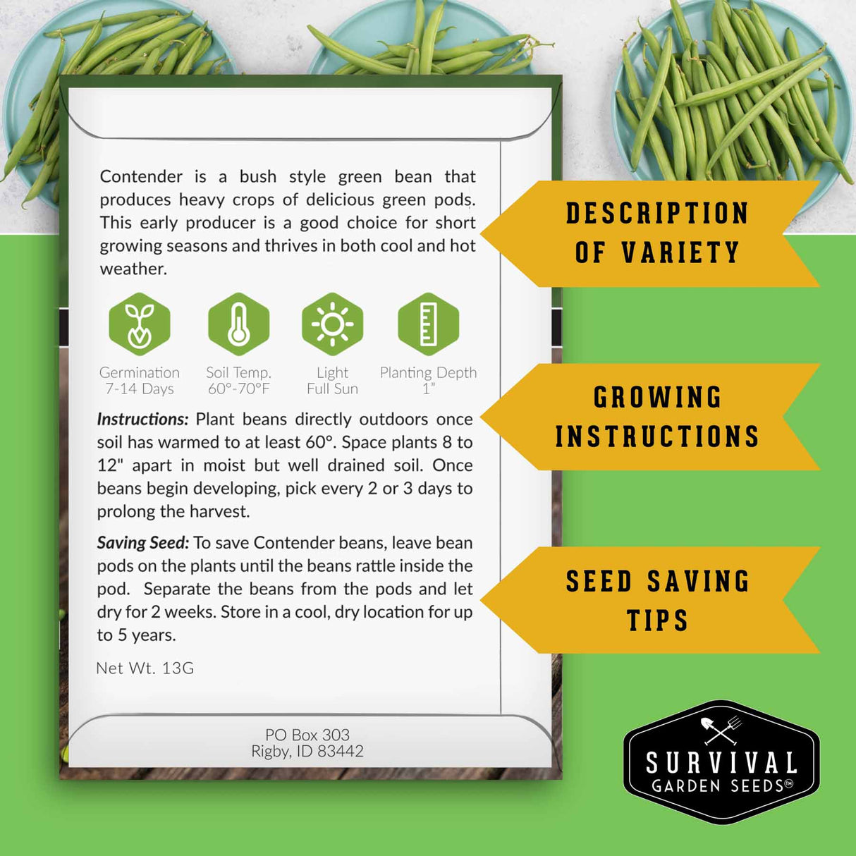 Survival Garden Seeds packaging for Contender green bean with text and images of green beans.