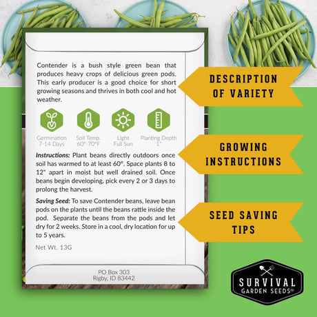 Survival Garden Seeds packaging for Contender green bean with text and images of green beans.