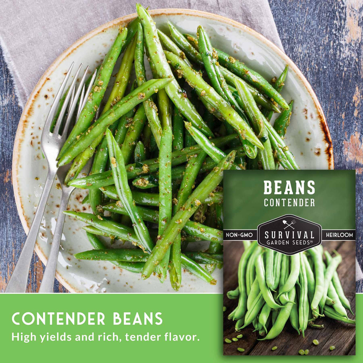 Plate of green beans with a 'Beans Contender' seed packet on a rustic background