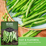 Green beans on a plate with 'Beans Contender' seed packet in the corner