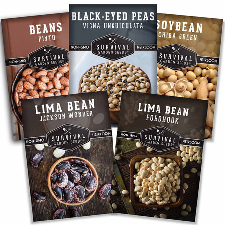 Five packages of Survival Garden Seeds with different types of beans on a white background